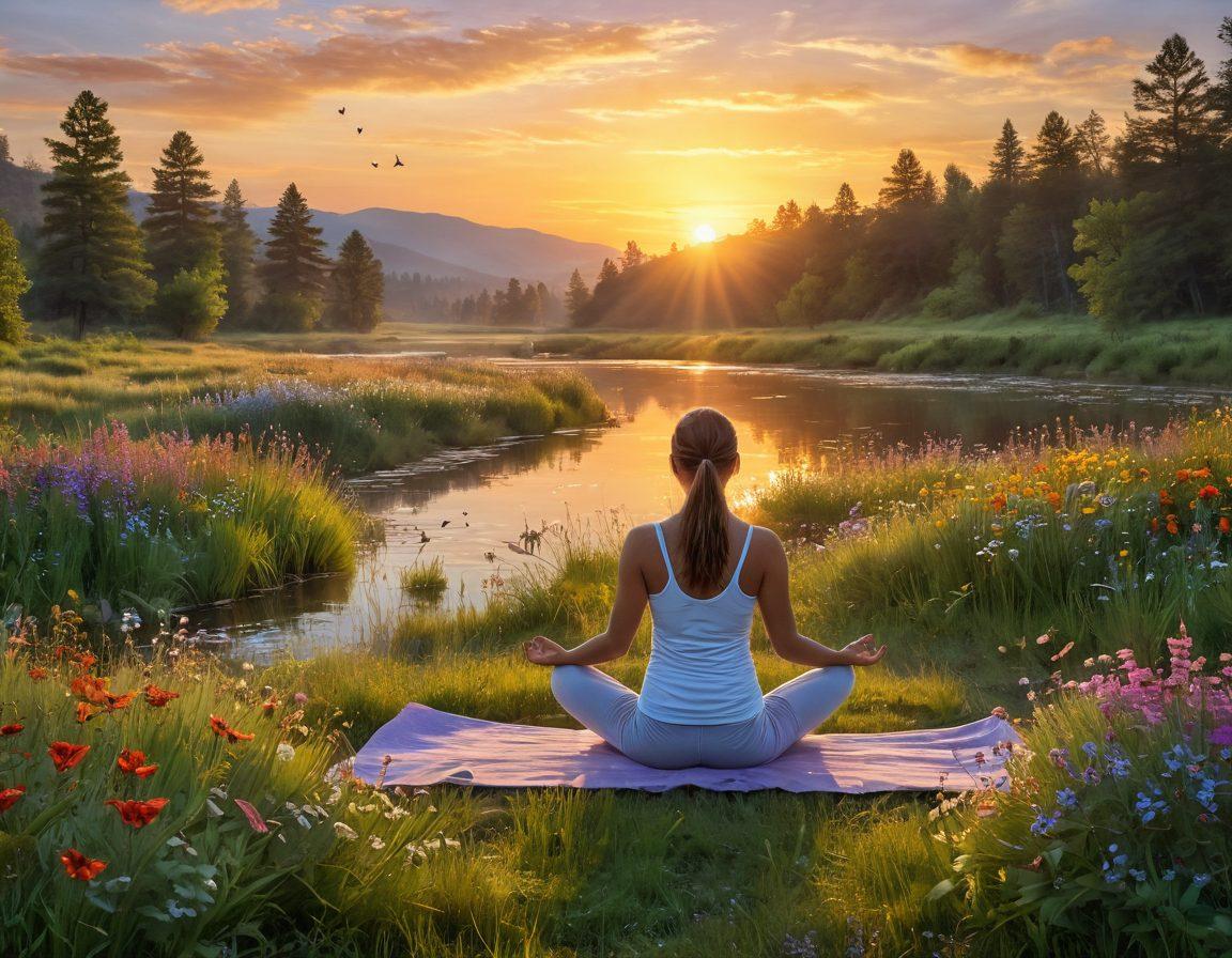 A serene landscape featuring a glowing sunrise over a peaceful meadow, with vibrant wildflowers in full bloom and a tranquil river flowing through the scene. In the foreground, a person practicing yoga, radiating joy and contentment, while butterflies flutter around. Soft, warm colors to evoke feelings of happiness and tranquility. super-realistic. vibrant colors.