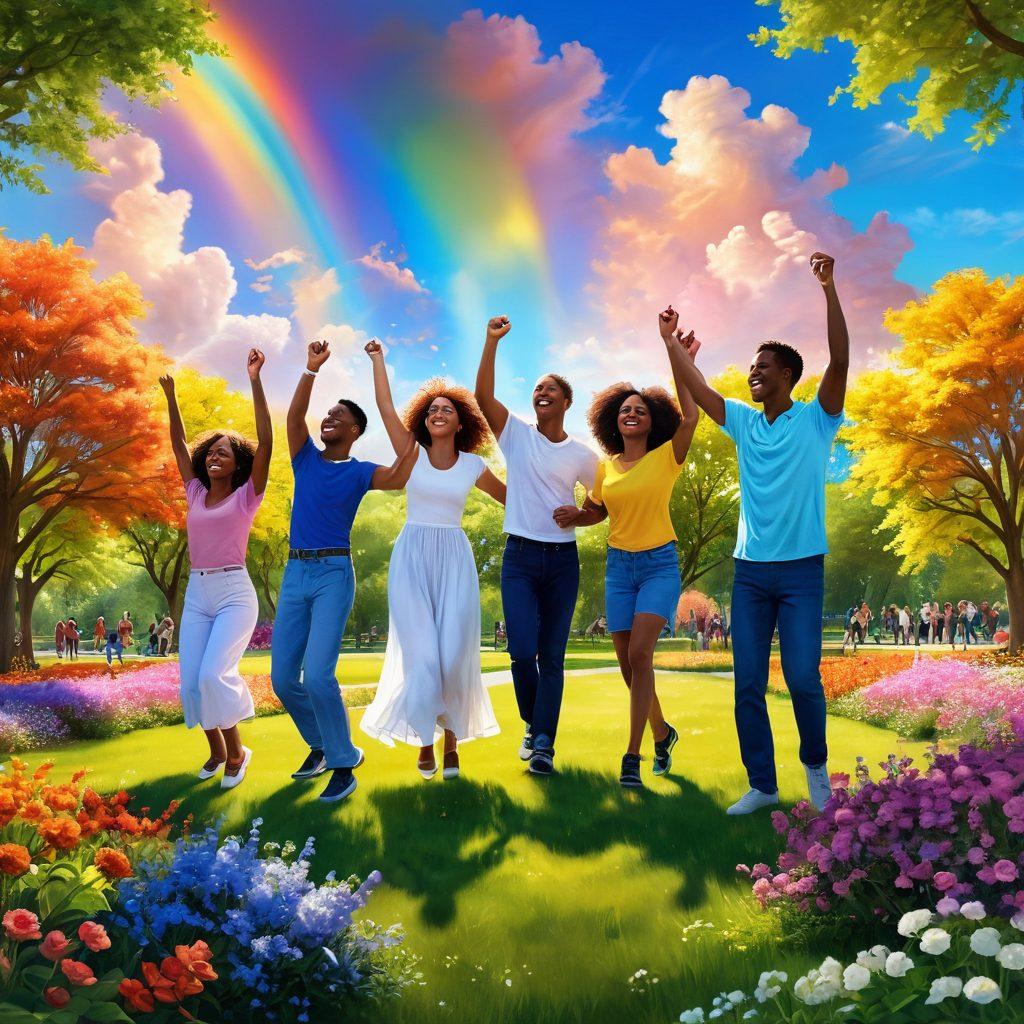 A radiant scene depicting a diverse group of people joyfully engaging in various uplifting activities like dancing, painting, and laughing together in a sunlit park surrounded by blossoming flowers and lush greenery, symbolizing happiness and connection. The sky is vibrant with rainbow colors and fluffy clouds, enhancing the sense of joy. super-realistic. vibrant colors. 3D.