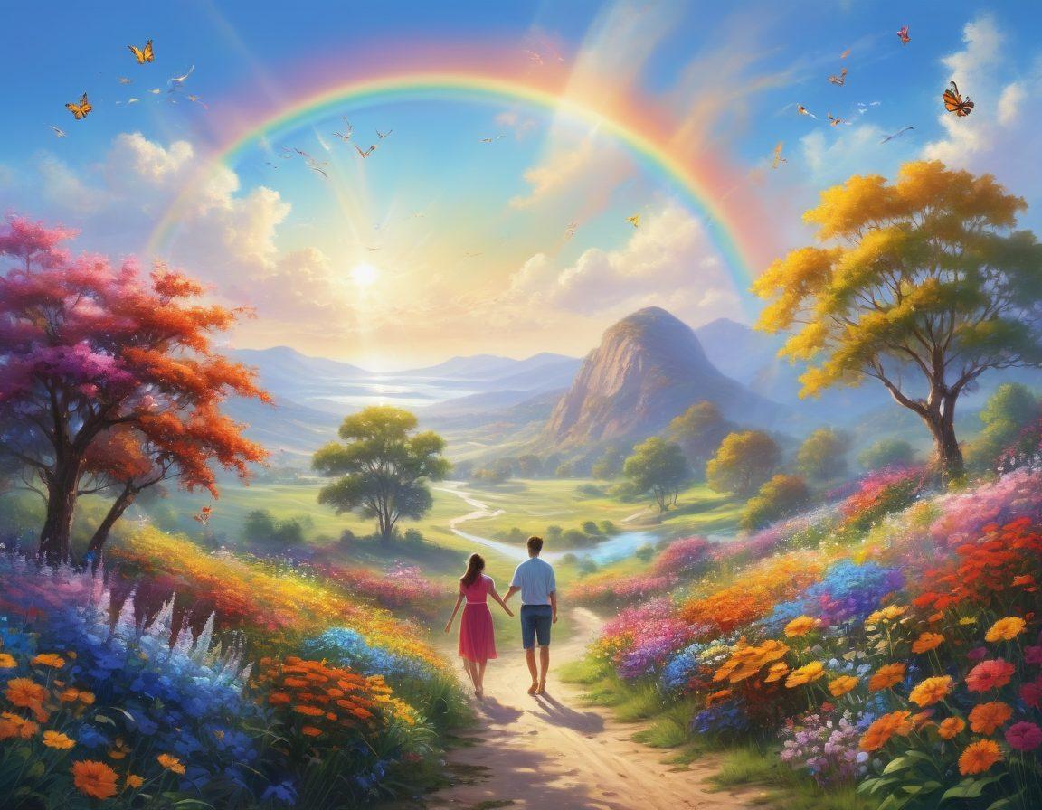 A sunlit landscape bursting with colorful flowers, smiling people engaging in joyful activities like dancing and painting, butterflies fluttering around, a rainbow arching gracefully in a clear blue sky. The scene conveys a sense of happiness, hope, and positivity, symbolizing the essence of embracing life's vibrant joys. super-realistic. vibrant colors. cheerful atmosphere.